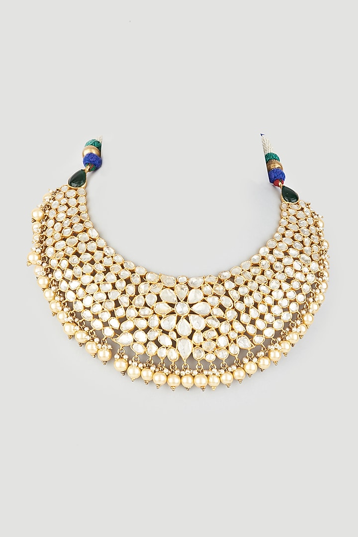 Gold Finish Semi Precious Kundan Polki Necklace In Sterling Silver by OSVAG INDIA at Pernia's Pop Up Shop