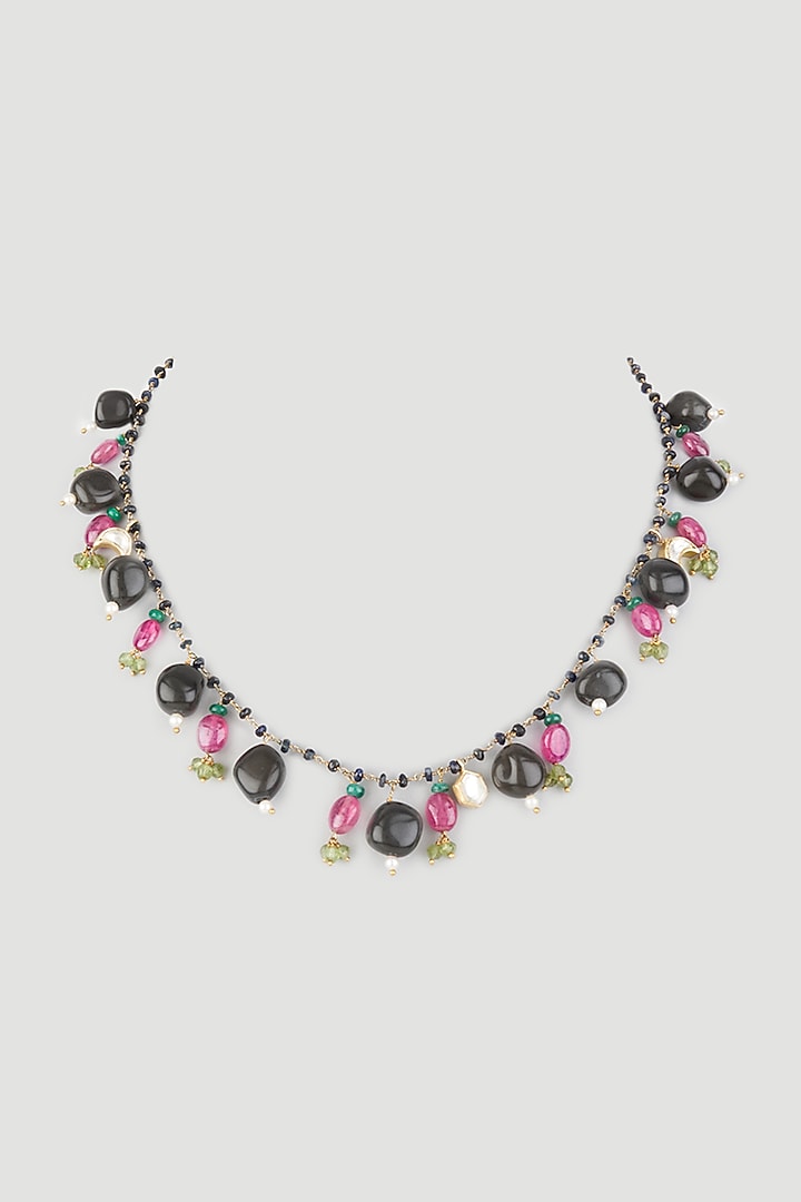 Gold Finish Semi Precious Gemstone Necklace In Sterling Silver by OSVAG INDIA at Pernia's Pop Up Shop