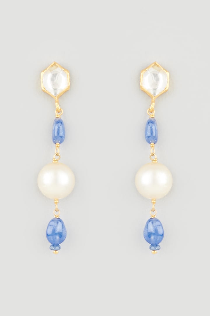 Gold Finish Sapphire Dangler Earrings In Sterling Silver by OSVAG INDIA at Pernia's Pop Up Shop