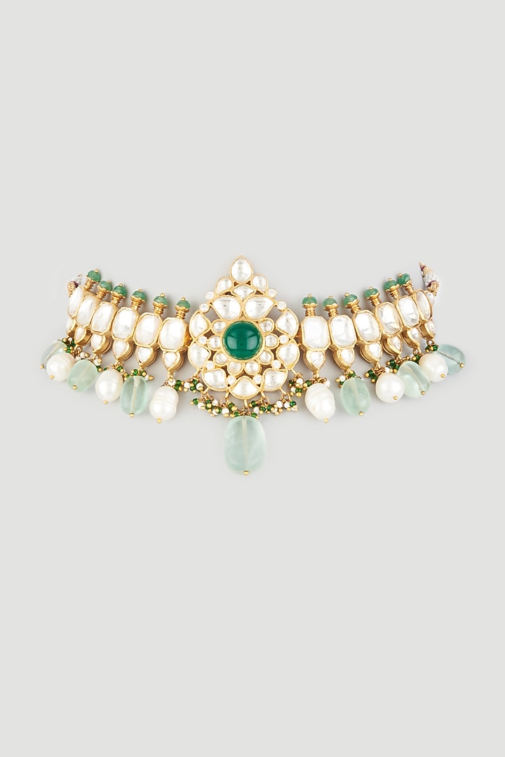 Gold Finish Kundan Polki Choker Necklace In Sterling Silver by OSVAG INDIA at Pernia's Pop Up Shop