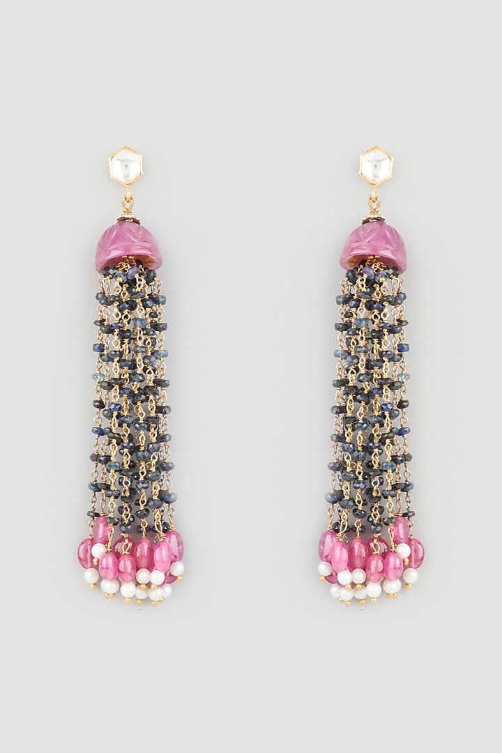 Gold Finish Emerald Dangler Earrings In Sterling Silver by OSVAG INDIA at Pernia's Pop Up Shop