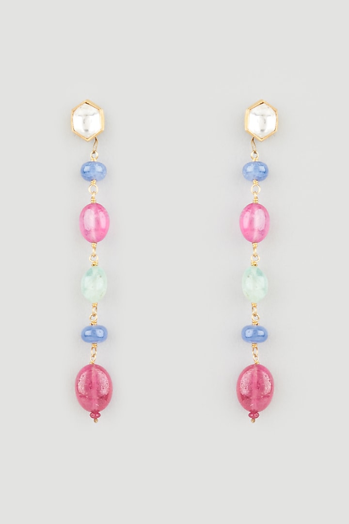 Gold Finish Ruby & Sapphire Dangler Earrings In Sterling Silver by OSVAG INDIA at Pernia's Pop Up Shop