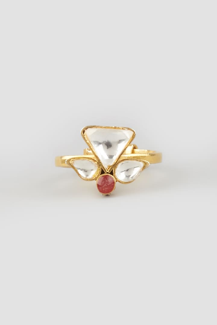 Gold Finish Kundan Polki Ring In Sterling Silver by OSVAG INDIA at Pernia's Pop Up Shop