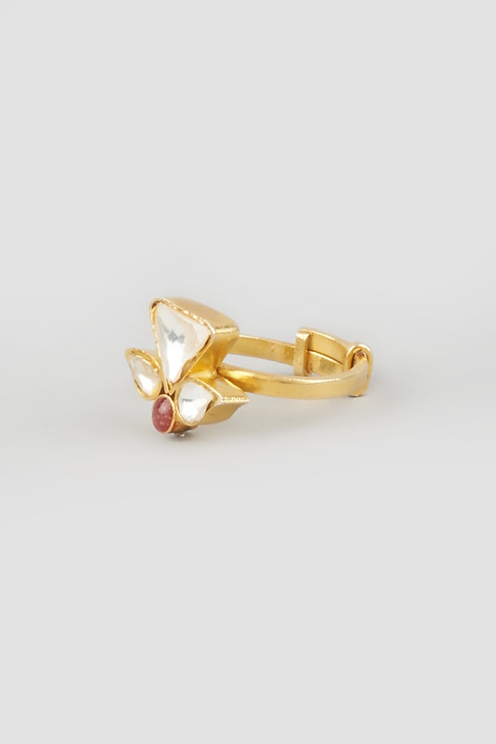 Gold Finish Kundan Polki Ring In Sterling Silver by OSVAG INDIA at Pernia's Pop Up Shop