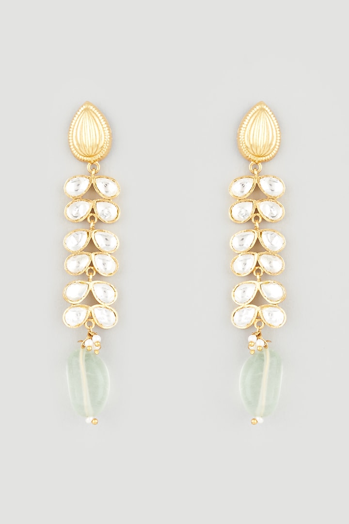Gold Finish Jade Dangler Earrings In Sterling Silver by OSVAG INDIA at Pernia's Pop Up Shop