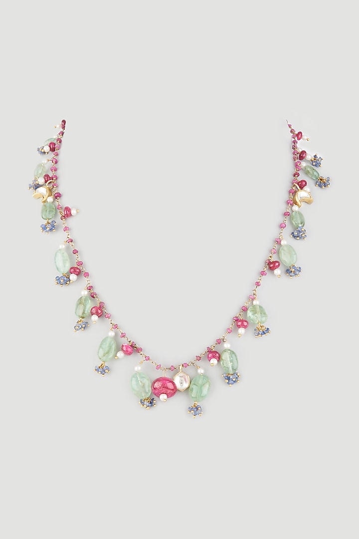 Gold Finish Ruby & Emerald Necklace In Sterling Silver by OSVAG INDIA at Pernia's Pop Up Shop