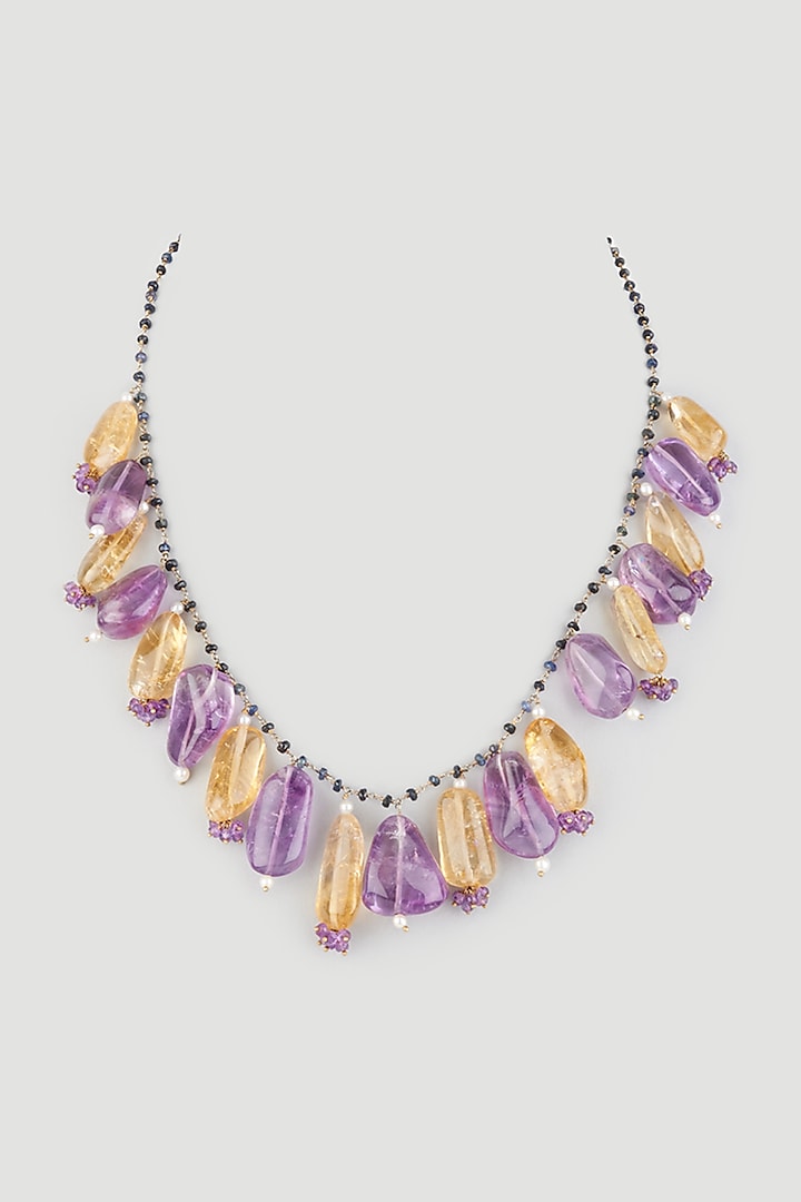 Gold Finish Yellow & Purple Semi-Precious Gemstones Necklace In Sterling Silver by OSVAG INDIA at Pernia's Pop Up Shop