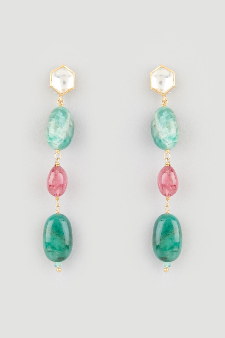 Gold Finish Ruby & Emerald Dangler Earrings In Sterling Silver by OSVAG INDIA at Pernia's Pop Up Shop