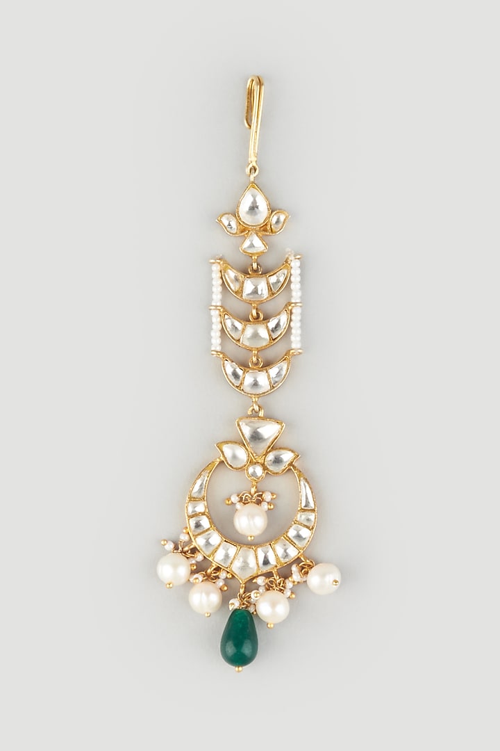 Gold Finish Semi-Precious Green Onyx Maangtikka In Sterling Silver by OSVAG INDIA at Pernia's Pop Up Shop