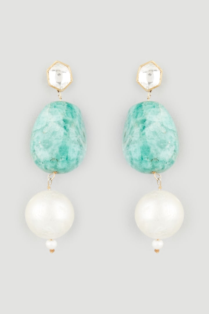 Gold Finish Mother Of Pearl & Emerald Dangler Earrings In Sterling Silver by OSVAG INDIA at Pernia's Pop Up Shop