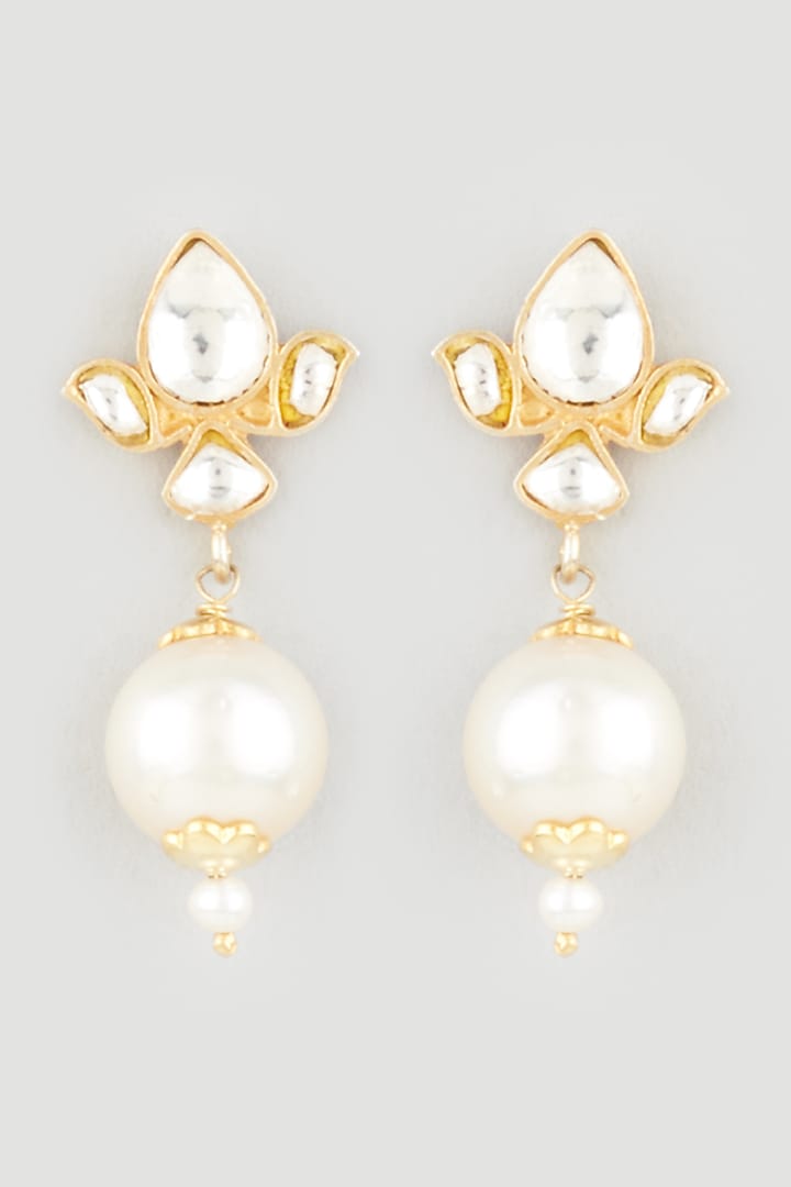 Gold Finish Mother Of Pearl & Kundan Polki Dangler Earrings In Sterling Silver by OSVAG INDIA at Pernia's Pop Up Shop