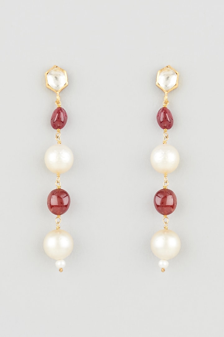 Gold Finish Mother Of Pearl & Ruby Dangler Earrings In Sterling Silver by OSVAG INDIA at Pernia's Pop Up Shop