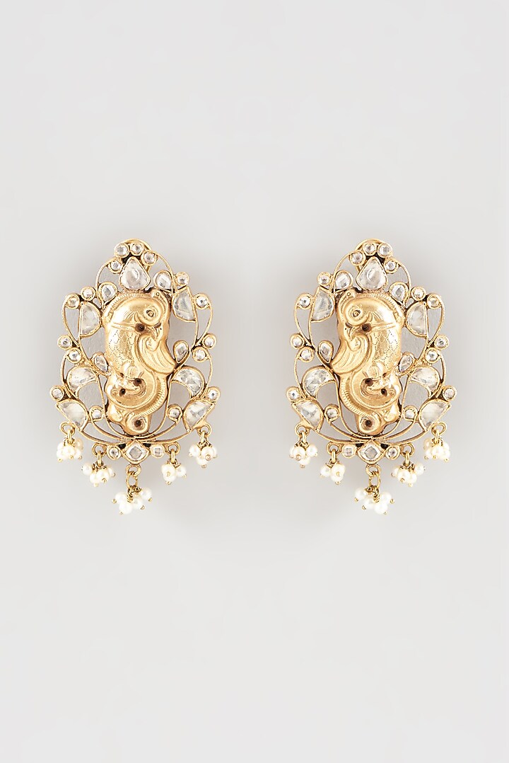 Gold Plated Kundan Polki Handcrafted Stud Earrings In Sterling Silver by OSVAG INDIA at Pernia's Pop Up Shop
