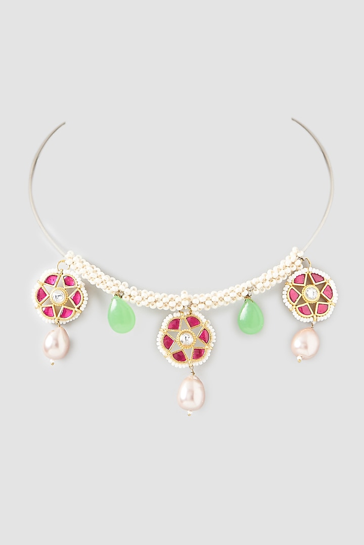 Gold Plated Kundan Polki Handcrafted Necklace In Sterling Silver by OSVAG INDIA at Pernia's Pop Up Shop
