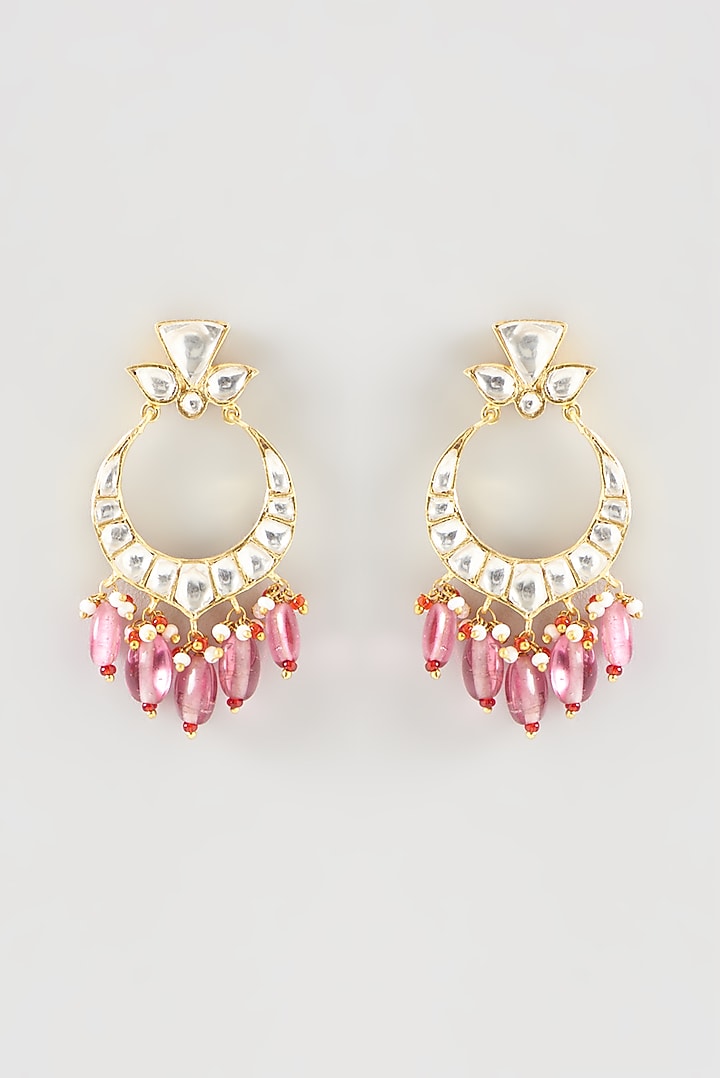 Gold Plated Kundan Polki Handcrafted Dangler Earrings In Sterling Silver by OSVAG INDIA at Pernia's Pop Up Shop