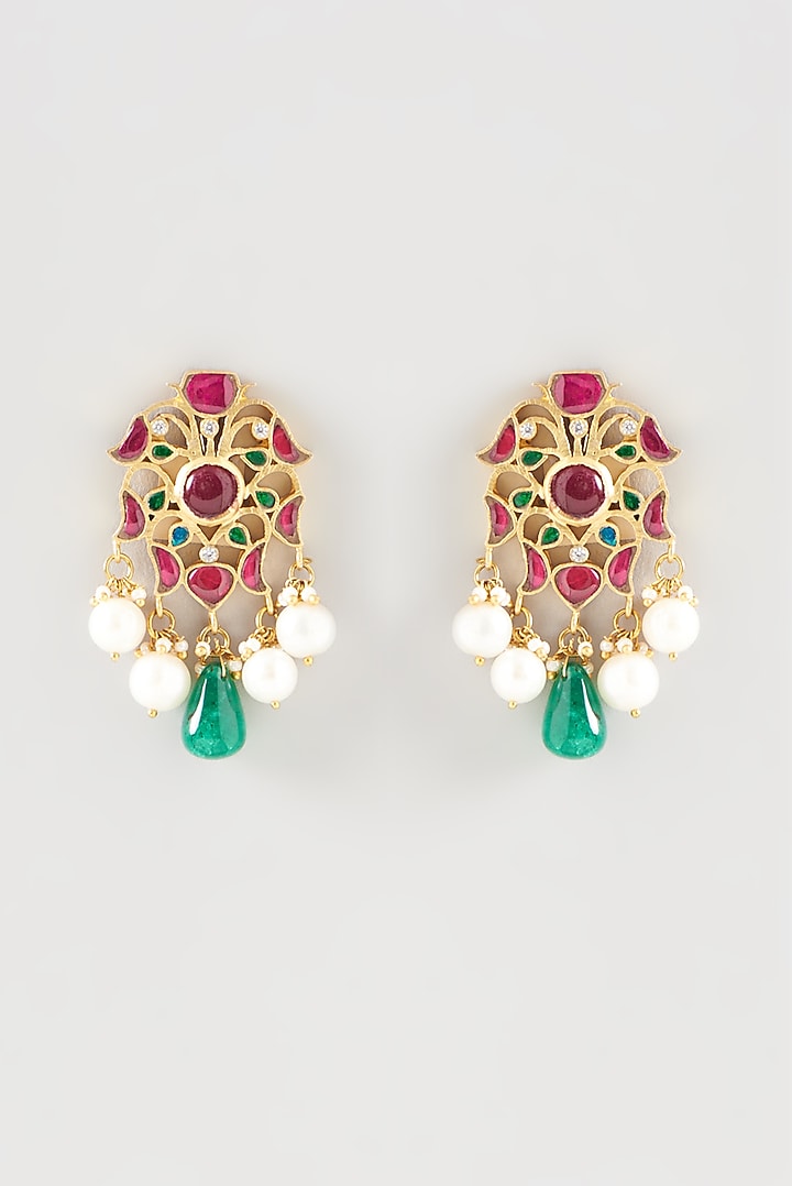 Gold Plated Kundan Polki Handcrafted Dangler Earrings In Sterling Silver by OSVAG INDIA at Pernia's Pop Up Shop