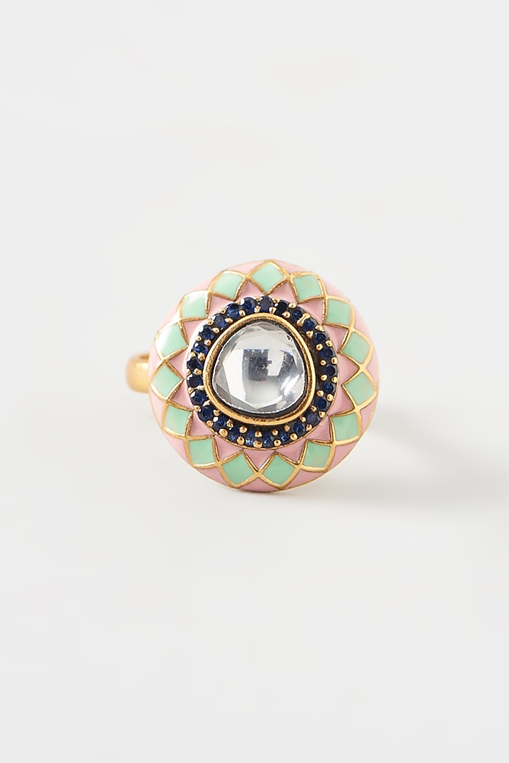 Gold Plated Kundan Polki Handcrafted Ring In Sterling Silver by OSVAG INDIA at Pernia's Pop Up Shop