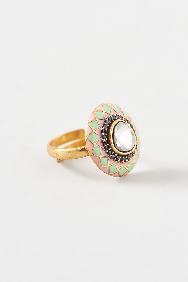 Gold Plated Kundan Polki Handcrafted Ring In Sterling Silver by OSVAG INDIA at Pernia's Pop Up Shop