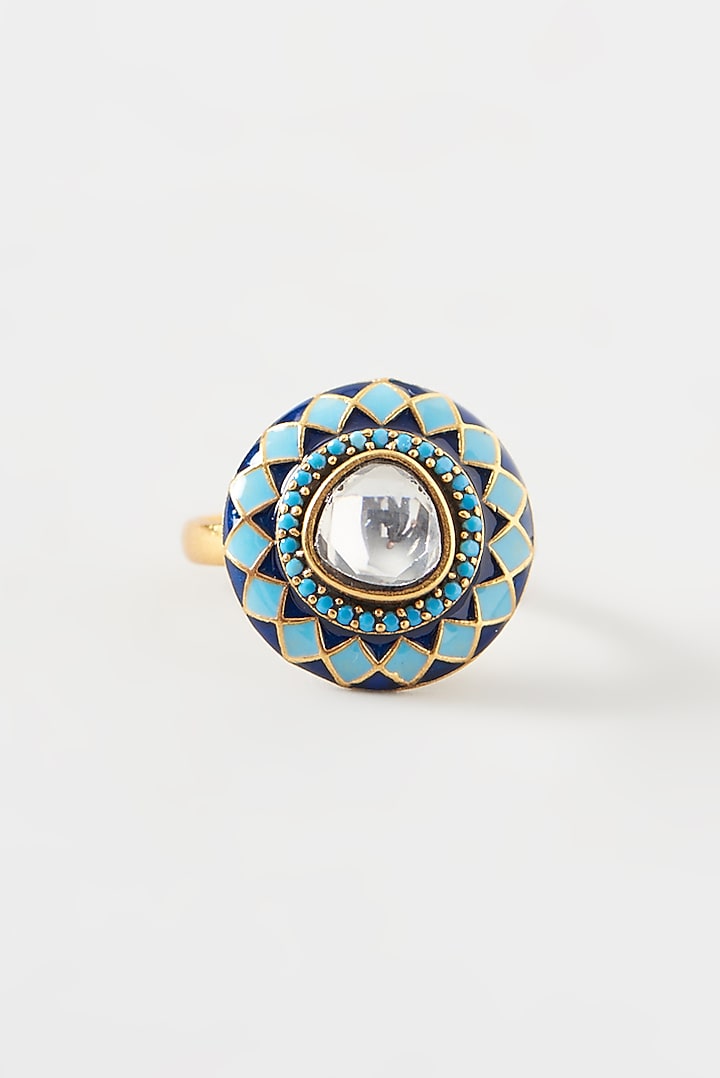 Gold Plated Kundan Polki Handcrafted Ring In Sterling Silver by OSVAG INDIA at Pernia's Pop Up Shop