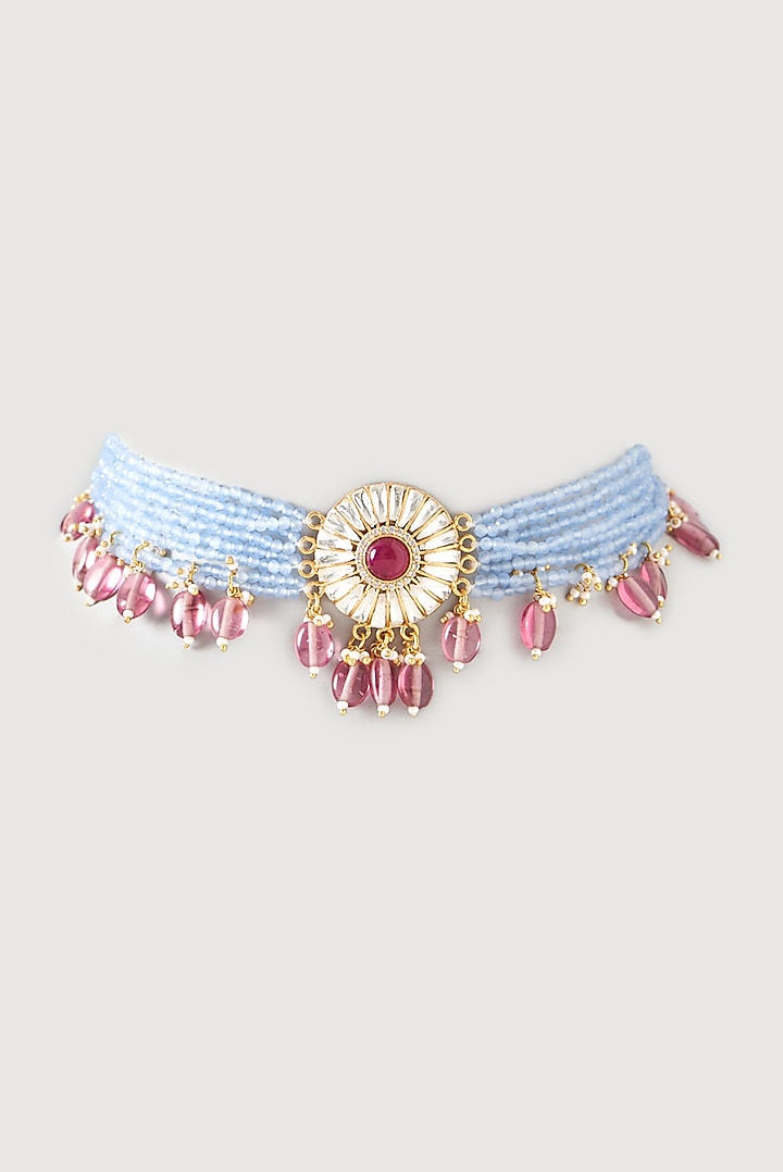 Gold Plated Kundan Polki Handcrafted Choker Necklace In Sterling Silver by OSVAG INDIA at Pernia's Pop Up Shop