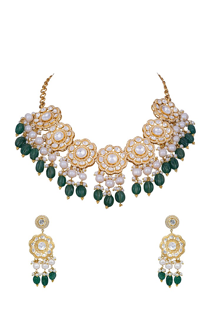 Gold Plated Kundan Polki & Green Onyx Necklace Set In Sterling Silver by OSVAG INDIA at Pernia's Pop Up Shop