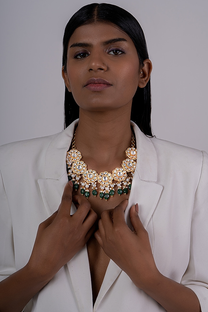 Gold Plated Kundan Polki & Green Onyx Necklace Set In Sterling Silver by OSVAG INDIA at Pernia's Pop Up Shop