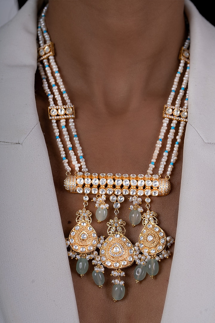 Gold Plated Kundan Polki Long Necklace Set In Sterling Silver by OSVAG INDIA at Pernia's Pop Up Shop
