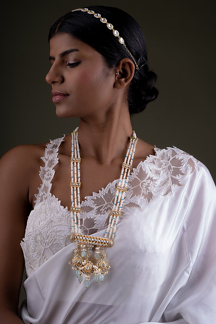 Gold Plated Kundan Polki Long Necklace Set In Sterling Silver by OSVAG INDIA at Pernia's Pop Up Shop