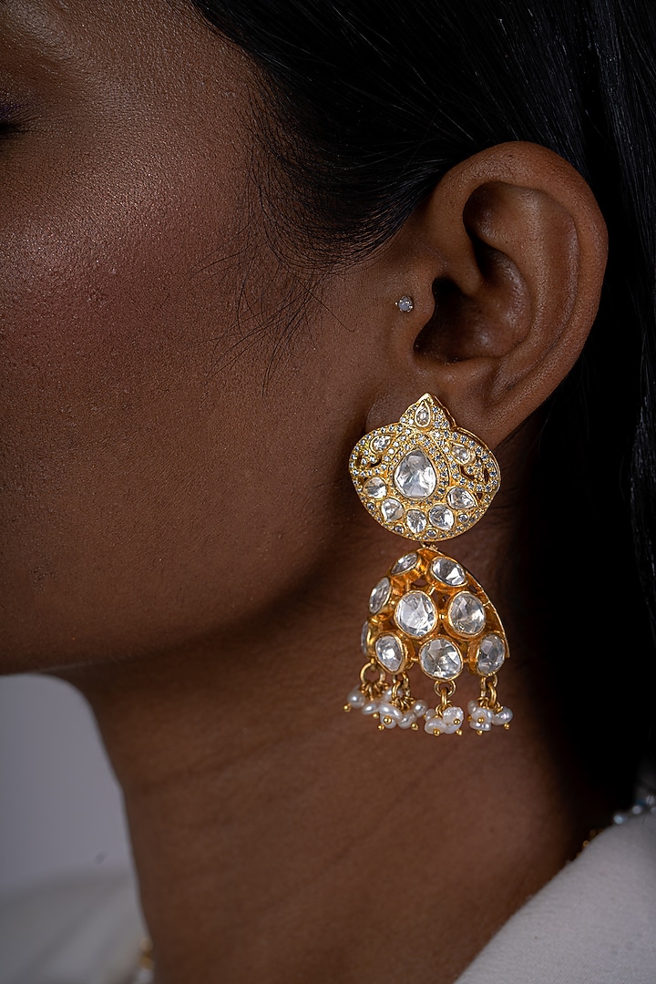 Gold Plated Kundan Polki Dangler Earrings In Sterling Silver by OSVAG INDIA at Pernia's Pop Up Shop