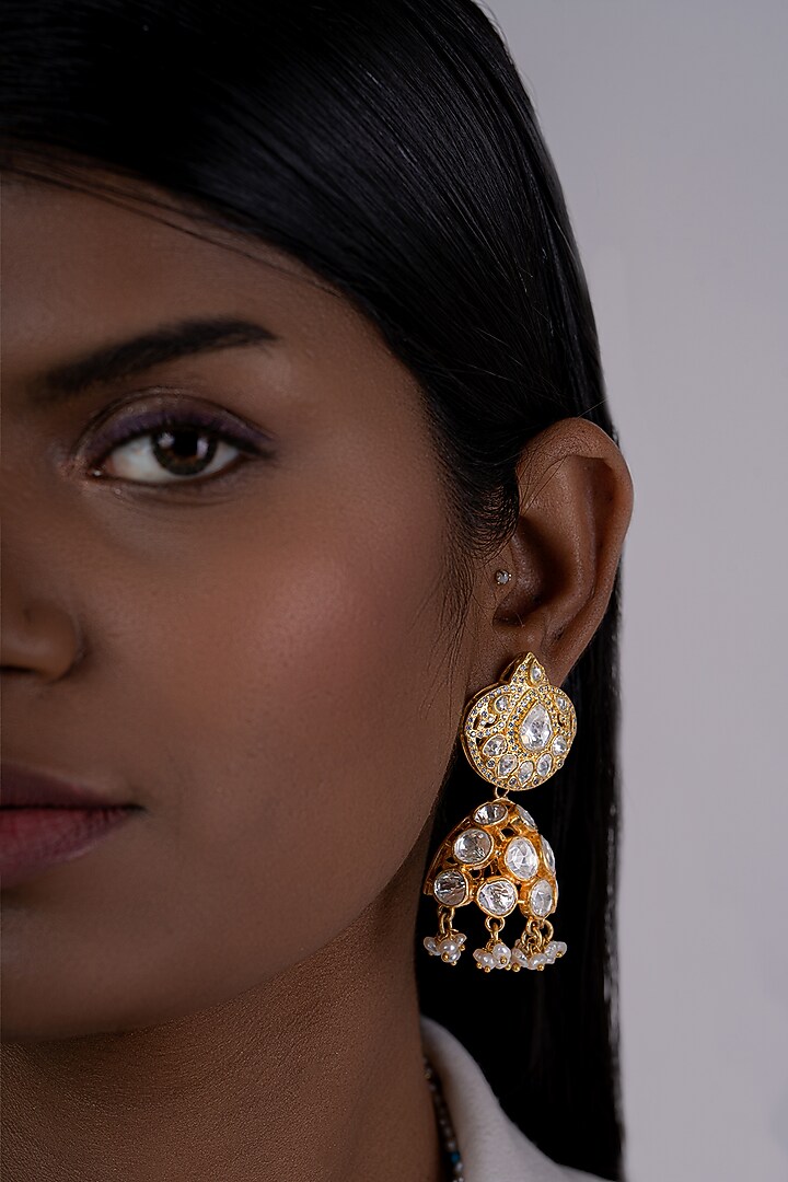 Gold Plated Kundan Polki Dangler Earrings In Sterling Silver by OSVAG INDIA at Pernia's Pop Up Shop