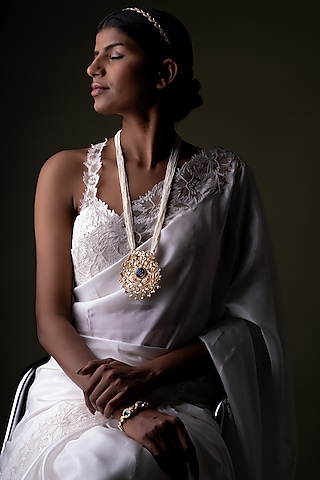 Gold Plated Kundan Polki Long Necklace In Sterling Silver by OSVAG INDIA