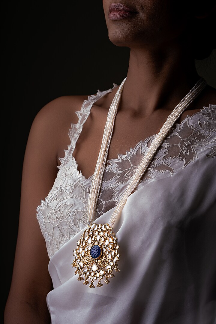 Gold Plated Kundan Polki Long Necklace In Sterling Silver by OSVAG INDIA at Pernia's Pop Up Shop
