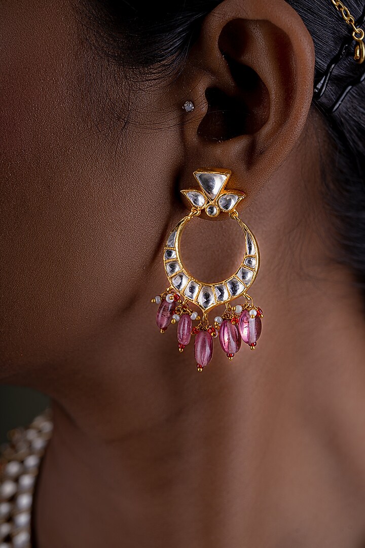 Gold Plated Kundan Polki Chandbali Earrings In Sterling Silver by OSVAG INDIA at Pernia's Pop Up Shop