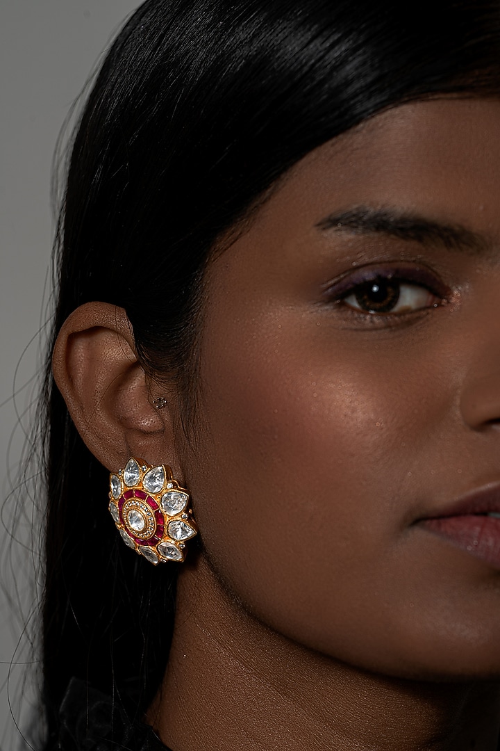 Gold Plated Kundan Polki Stud Earrings In Sterling Silver by OSVAG INDIA at Pernia's Pop Up Shop