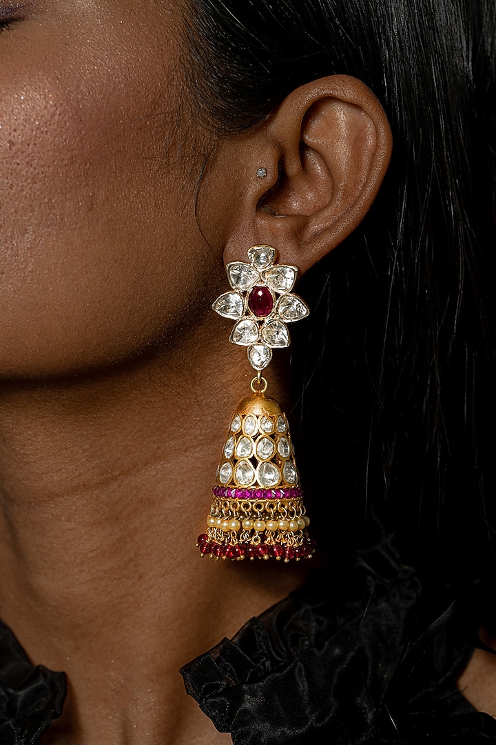 Gold Plated Kundan Polki Dangler Earrings In Sterling Silver by OSVAG INDIA at Pernia's Pop Up Shop
