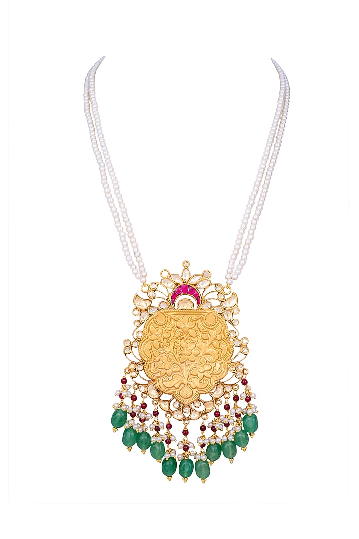 Gold Plated Kundan Polki Long Necklace In Sterling Silver by OSVAG INDIA at Pernia's Pop Up Shop