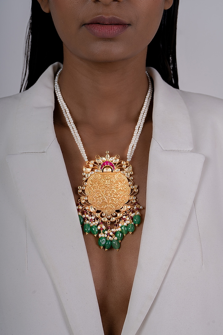 Gold Plated Kundan Polki Long Necklace In Sterling Silver by OSVAG INDIA at Pernia's Pop Up Shop