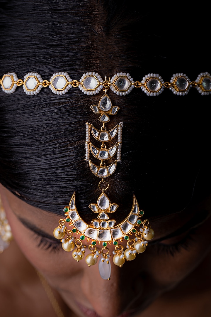 Gold Plated Kundan Polki Maang Tikka In Sterling Silver by OSVAG INDIA at Pernia's Pop Up Shop