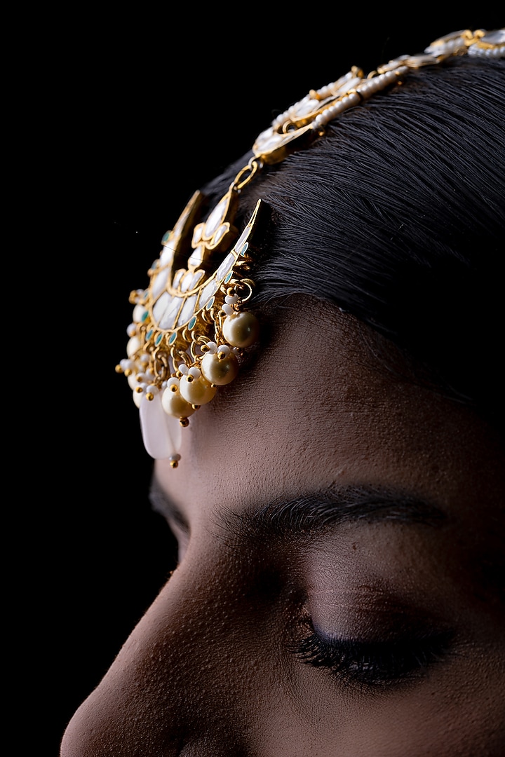 Gold Plated Kundan Polki Maang Tikka In Sterling Silver by OSVAG INDIA at Pernia's Pop Up Shop
