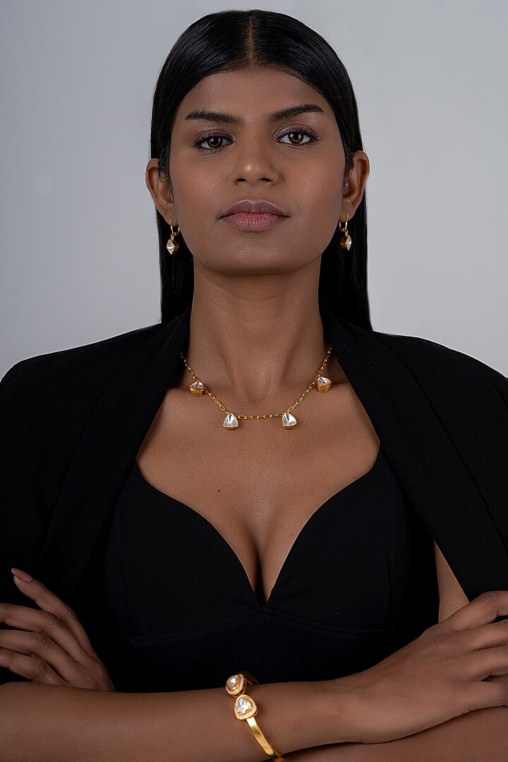 Gold Plated Kundan Polki Handcrafted Necklace Set In Sterling Silver by OSVAG INDIA at Pernia's Pop Up Shop