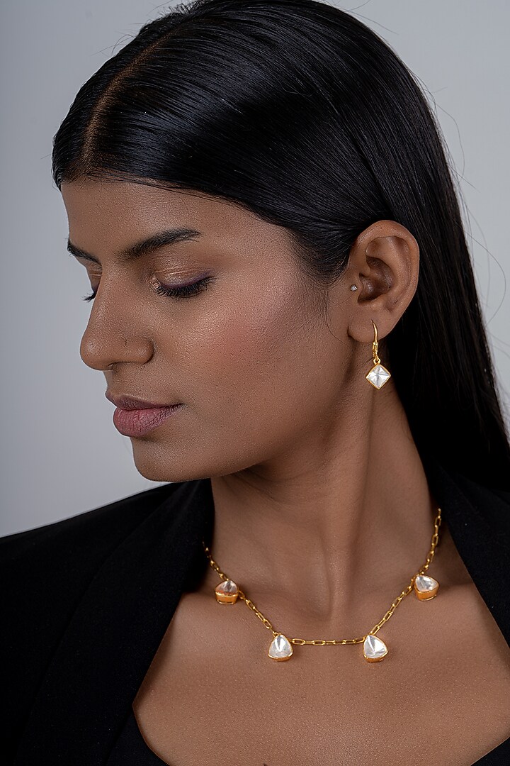 Gold Plated Kundan Polki Handcrafted Necklace Set In Sterling Silver by OSVAG INDIA at Pernia's Pop Up Shop