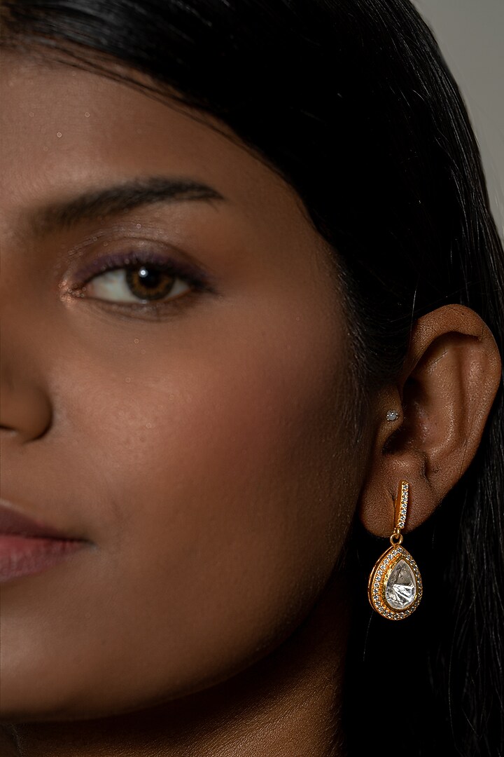 Gold Plated Kundan Polki Dangler Earrings In Sterling Silver by OSVAG INDIA at Pernia's Pop Up Shop