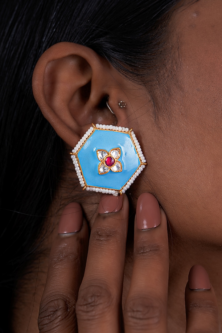 Gold Plated Blue Kundan Polki Stud Earrings In Sterling Silver by OSVAG INDIA at Pernia's Pop Up Shop