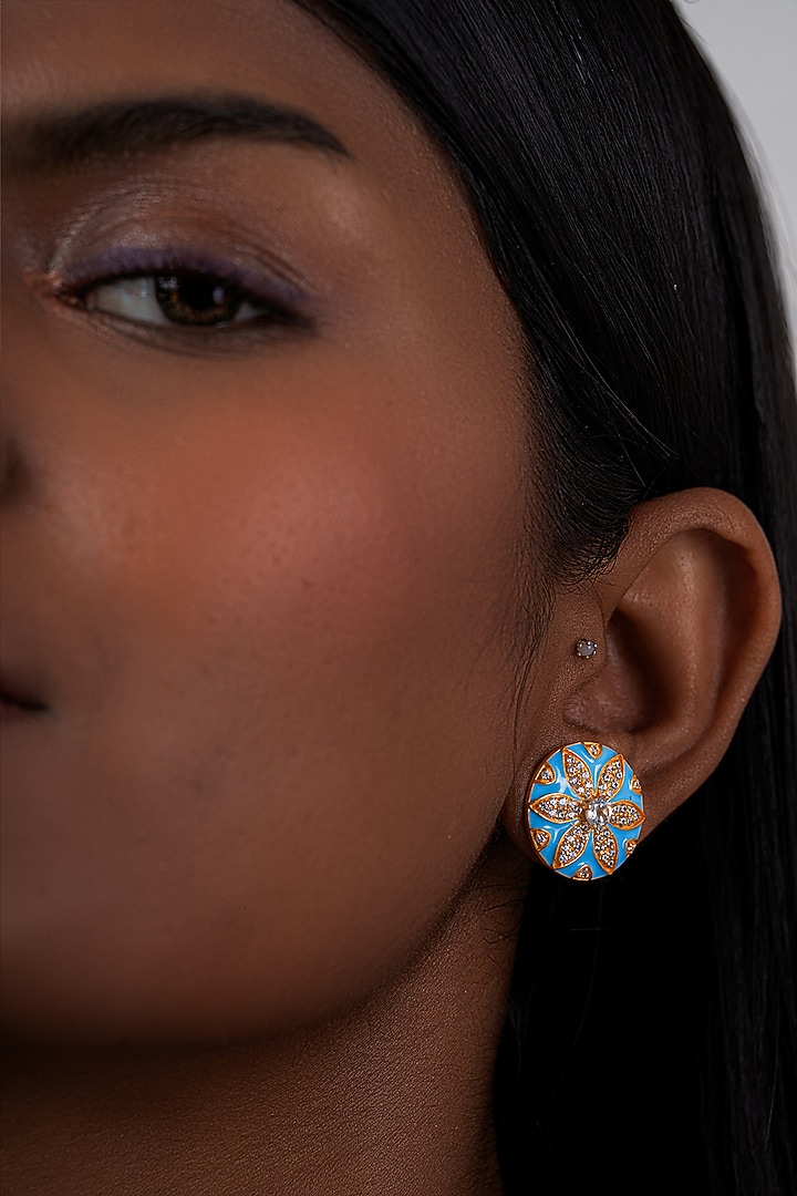 Gold Plated Blue Kundan Polki Stud Earrings In Sterling Silver by OSVAG INDIA at Pernia's Pop Up Shop