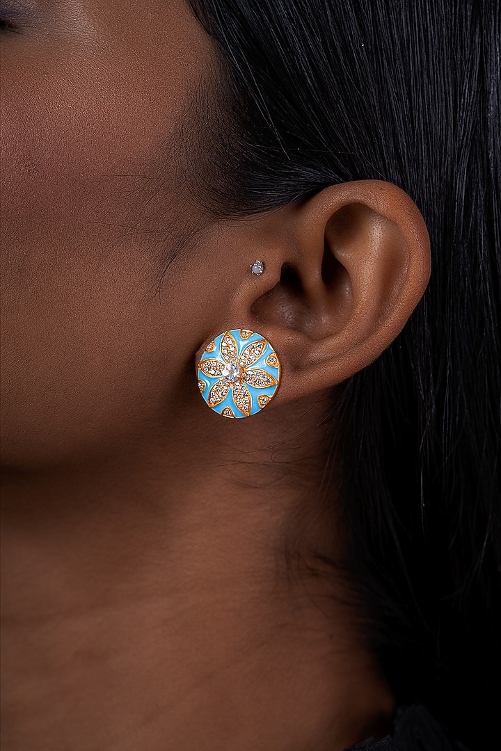 Gold Plated Blue Kundan Polki Stud Earrings In Sterling Silver by OSVAG INDIA at Pernia's Pop Up Shop