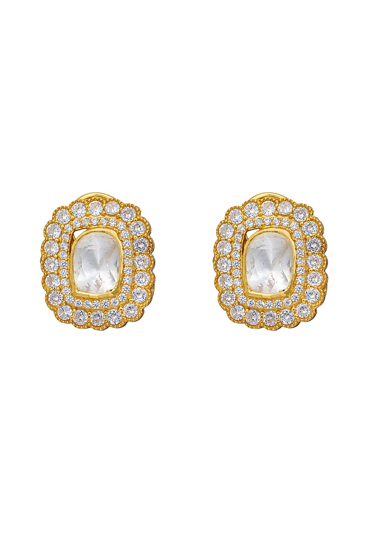 Gold Plated Kundan Polki Stud Earrings In Sterling Silver by OSVAG INDIA at Pernia's Pop Up Shop
