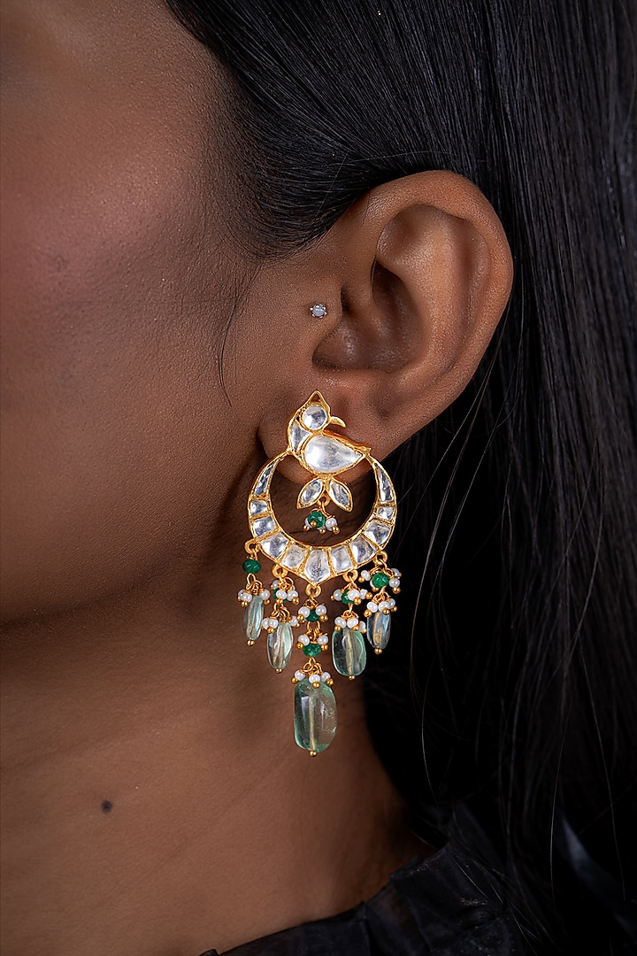 Gold Plated Kundan Polki Chandbali Earrings In Sterling Silver by OSVAG INDIA
