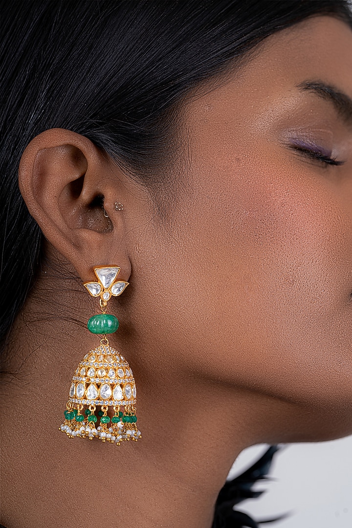 Gold Plated Kundan Polki Dangler Earrings In Sterling Silver by OSVAG INDIA at Pernia's Pop Up Shop