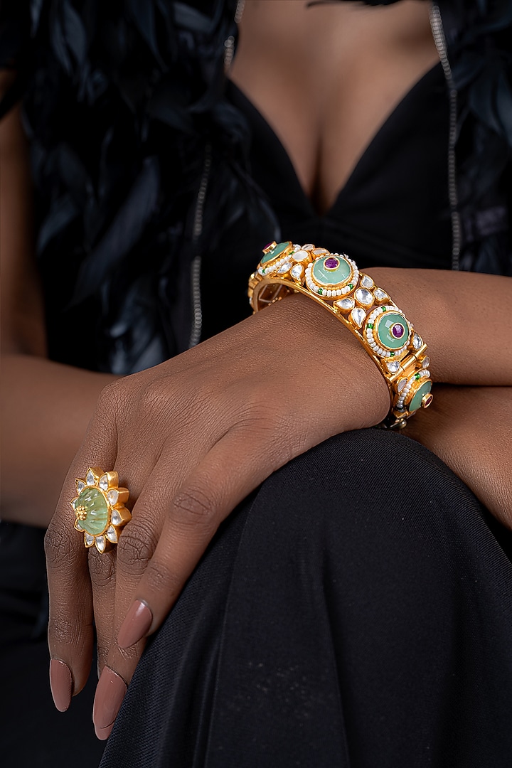 Gold Plated Kundan Polki Bangle In Sterling Silver by OSVAG INDIA at Pernia's Pop Up Shop