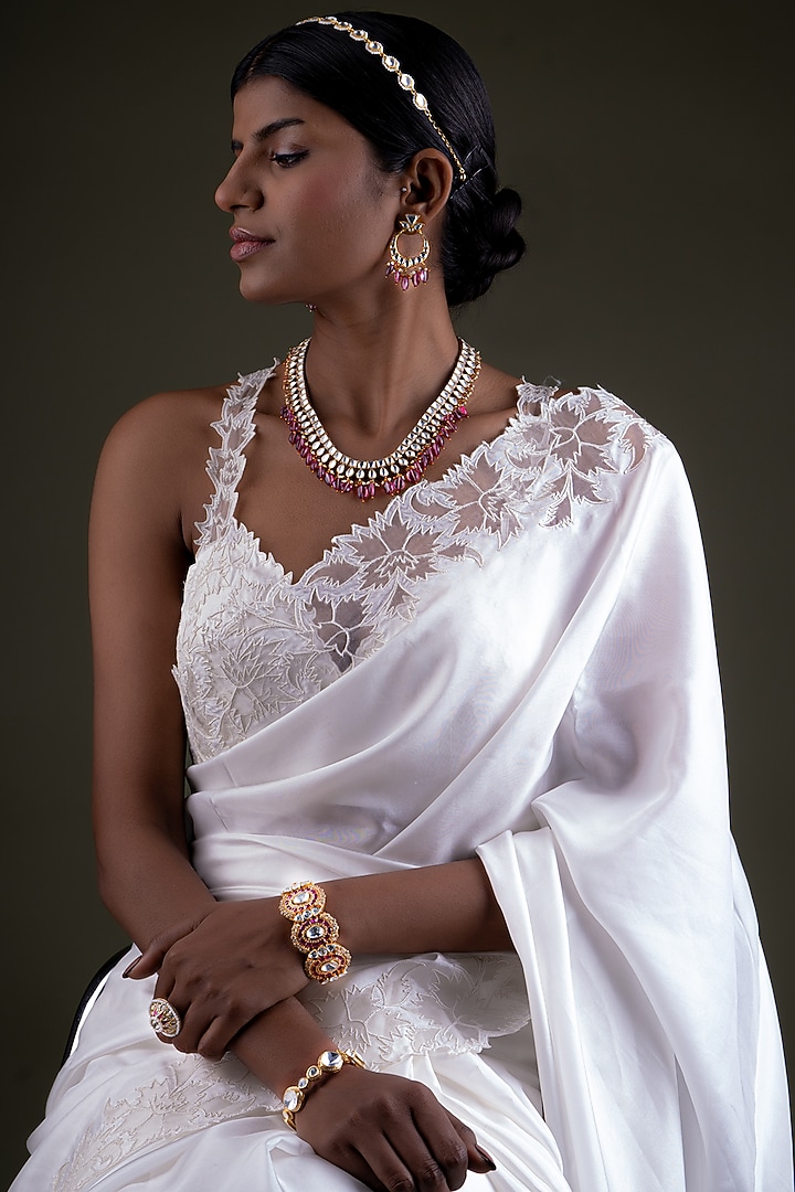 Gold Plated Pink Kundan Polki Handcrafted Necklace Set In Sterling Silver by OSVAG INDIA at Pernia's Pop Up Shop